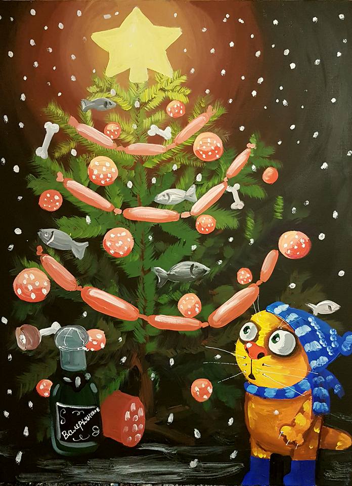 696x960, 110 Kb / котэ, вася ложкин, ёлка, валерьянское, колбаса, звезда, сосиски, рыба, снег