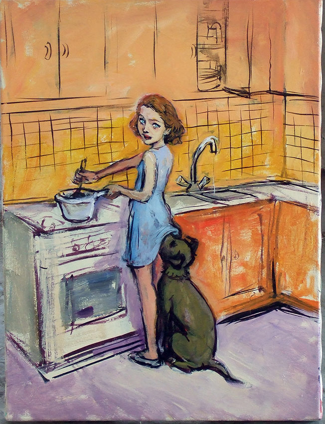 652x850, 224 Kb / кухня, девочка, собака, рисунок