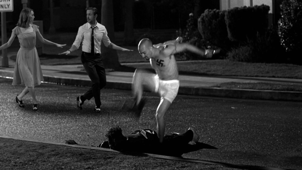 1200x675, 106 Kb / Американская история х, ла ла ленд, ч/б, нацист, танец