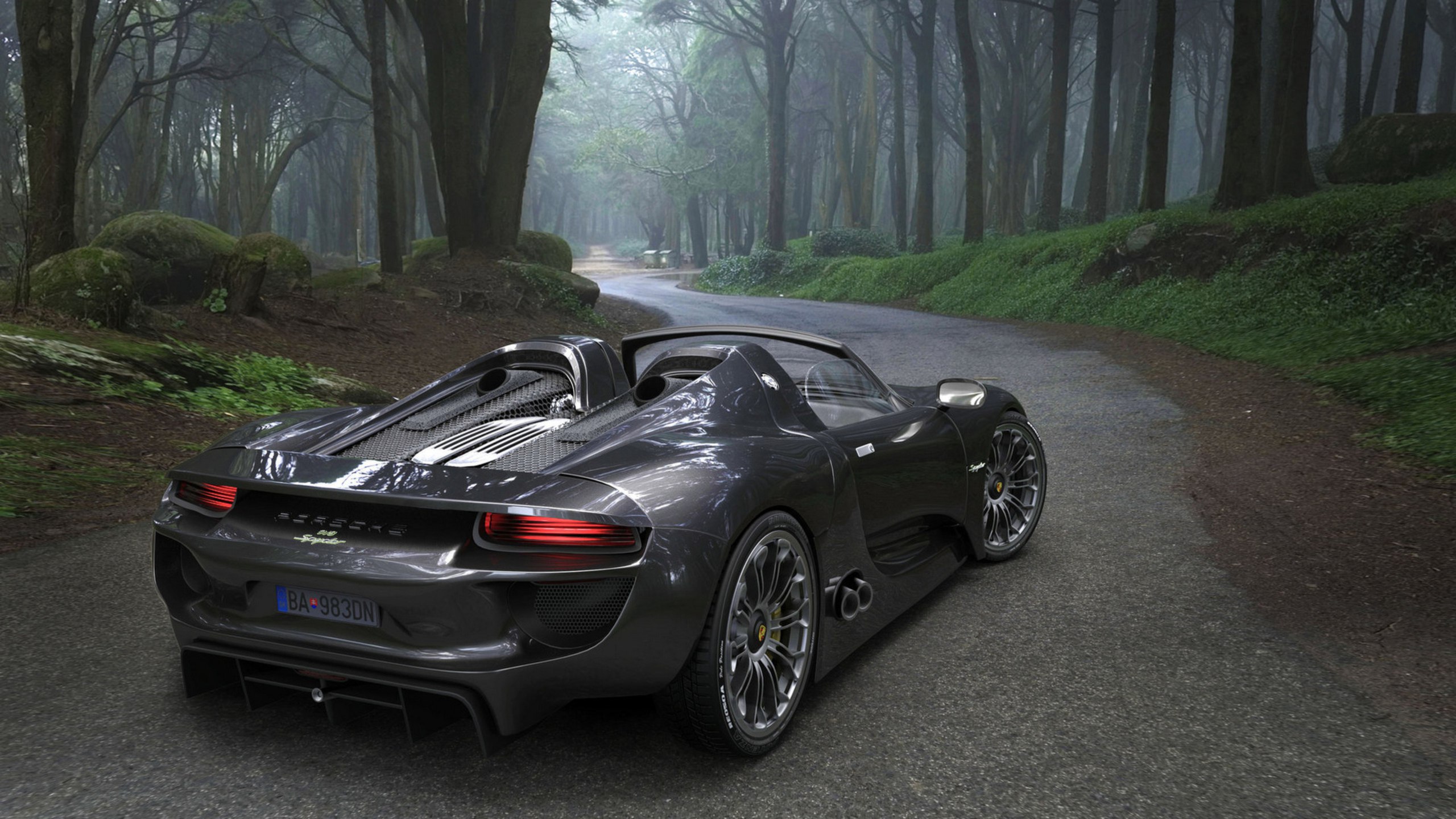 2560x1440, 596 Kb / автомобиль, кабриолет, porsche 918 spyder, порш, лес