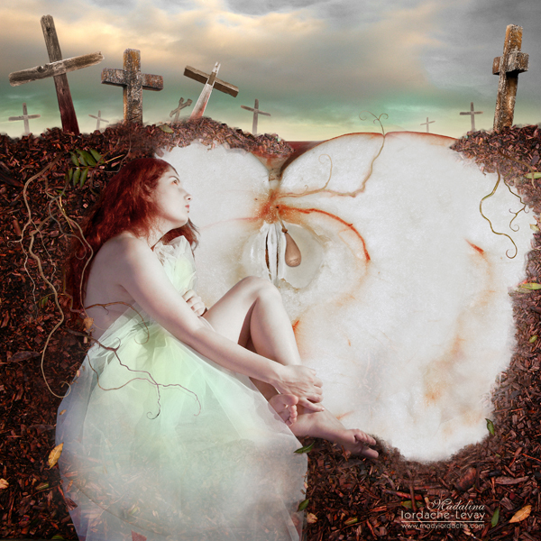 600x600, 393 Kb / женщина, ева, рыжая, яблоко, кресты, земля