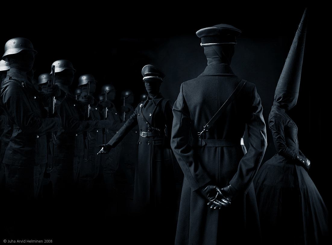 1102x815, 390 Kb / военные, мужчины, женщина, черное, сюрреализм, ч/б