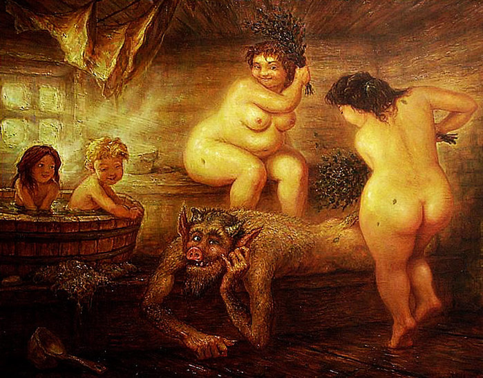 699x548, 150 Kb / баня, женщины, дети, черт, веники, парятся