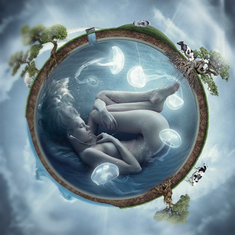 807x807, 116 Kb / земля, планета, ядро, медузы, девушка, наушники, вода, деревья, коровы, овца, облака