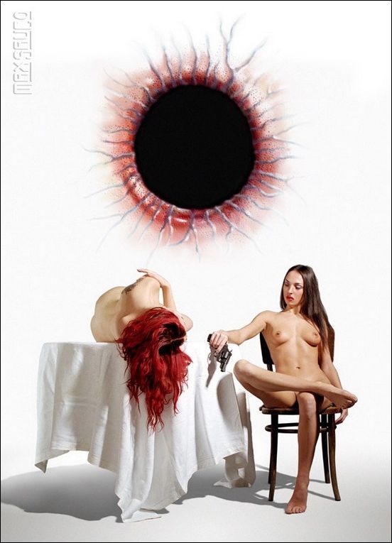 552x765, 50 Kb / женщины, стол, стул, скатерть, дыра, пистолет