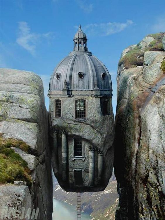 564x751, 76 Kb / валуны, здание, на весу, небо, лестница