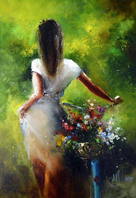 480x698, 62 Kb / девушка, велосипед, цветы, картина