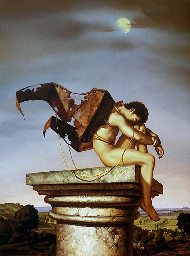 622x836, 78 Kb / мужчина, крылья, ржавые, колонна, луна, демон