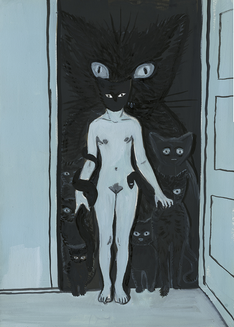 746x1043, 514 Kb / коты, черные, маска, голая, картина, ч/б