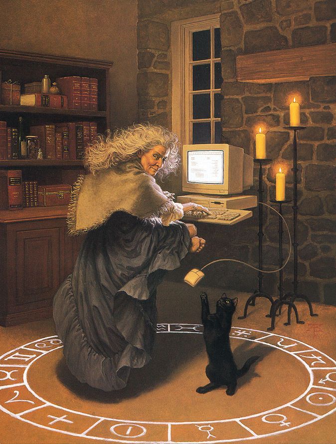 674x889, 126 Kb / кошка, мышка, свечи, комп, ведьма