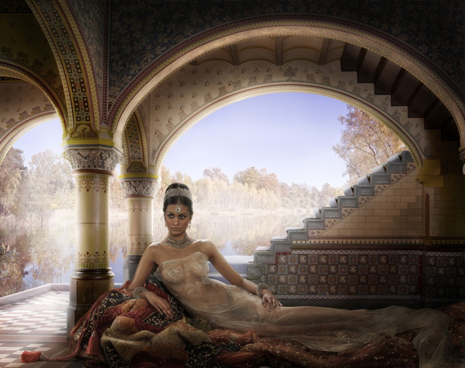 950x751, 168 Kb / женщина, лежит, арки, колонны, ступени, деревья, вода