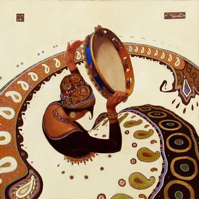 640x640, 74 Kb / женщина, танец, бубен, юбка, рисунок, узор, Денис Коробков