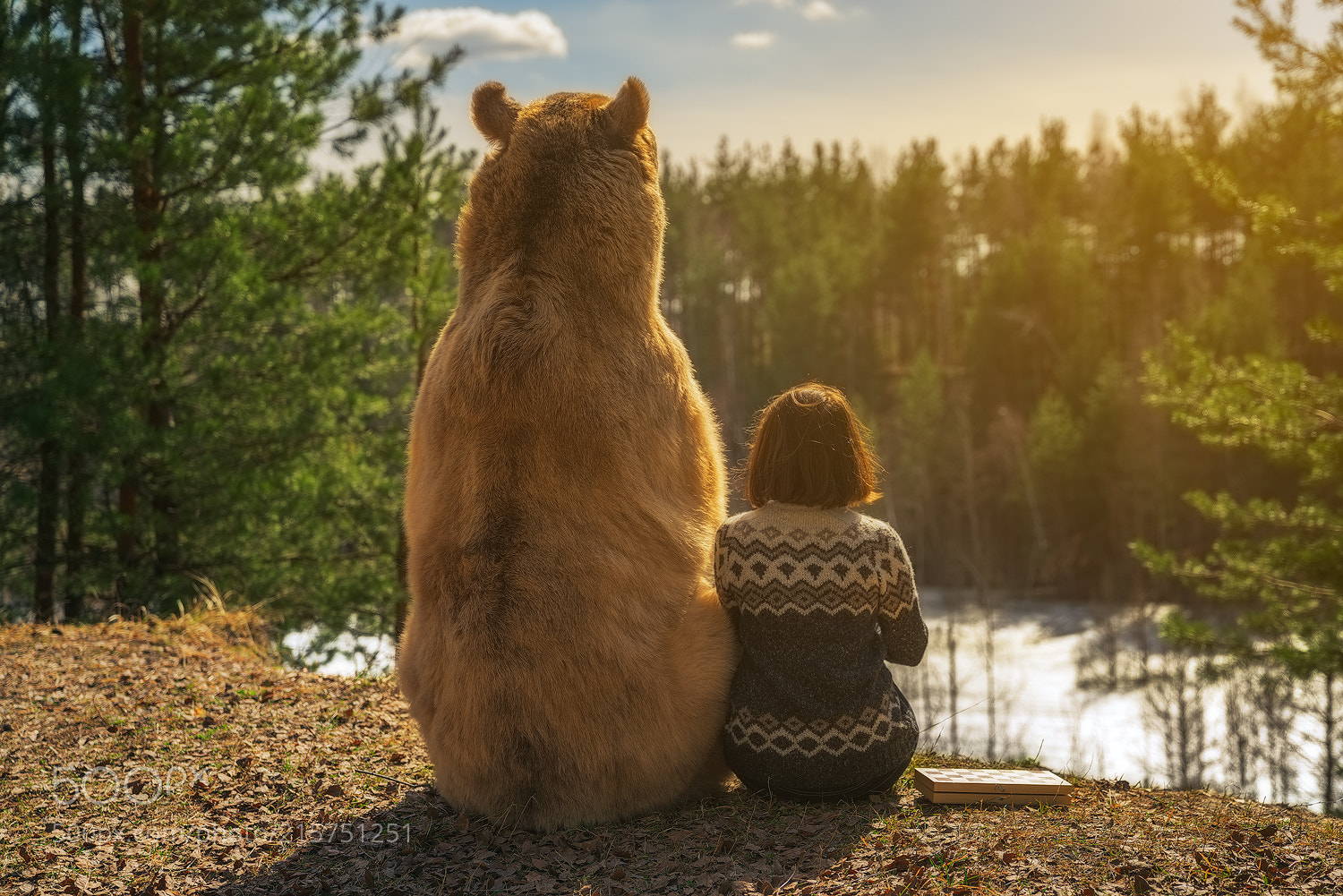 1500x1001, 593 Kb / медведь, девушка, лес, река, шахматы