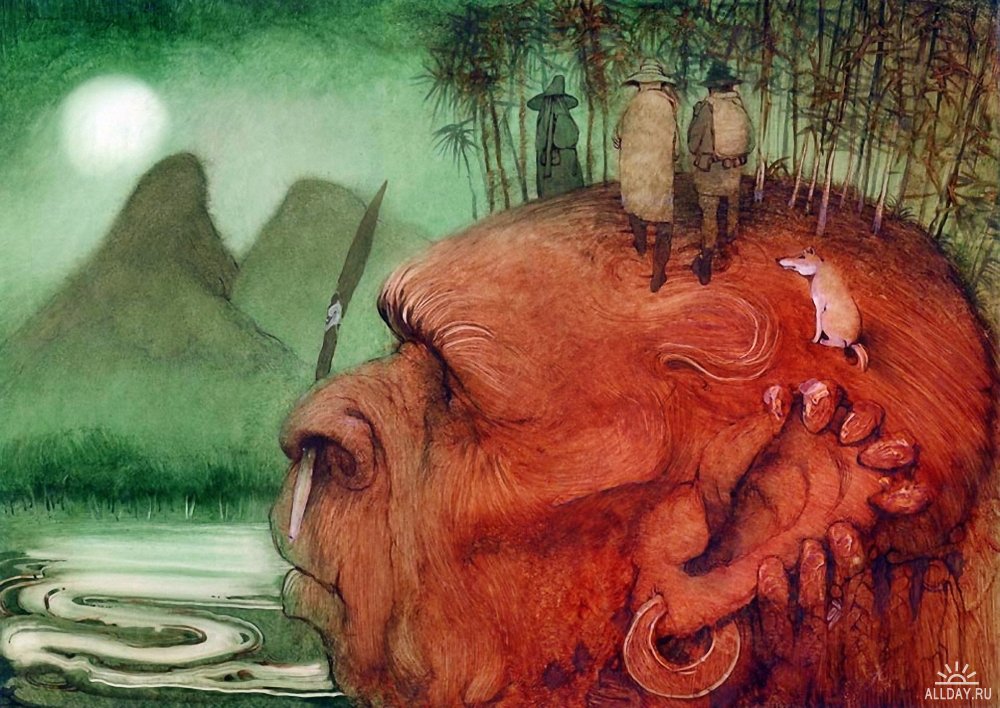 1000x708, 167 Kb / абориген, горы, солнце, люди, собака, пальмы, вода