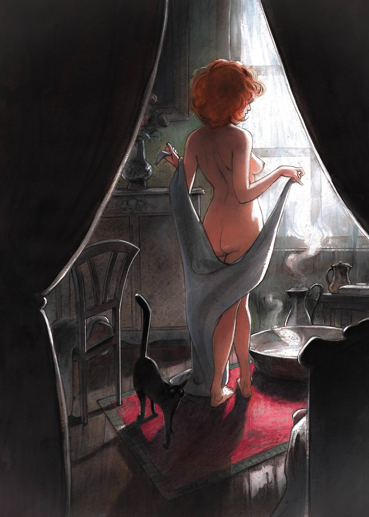 1280x1792, 625 Kb / рыжая, тазик, стул, голая, кувшин