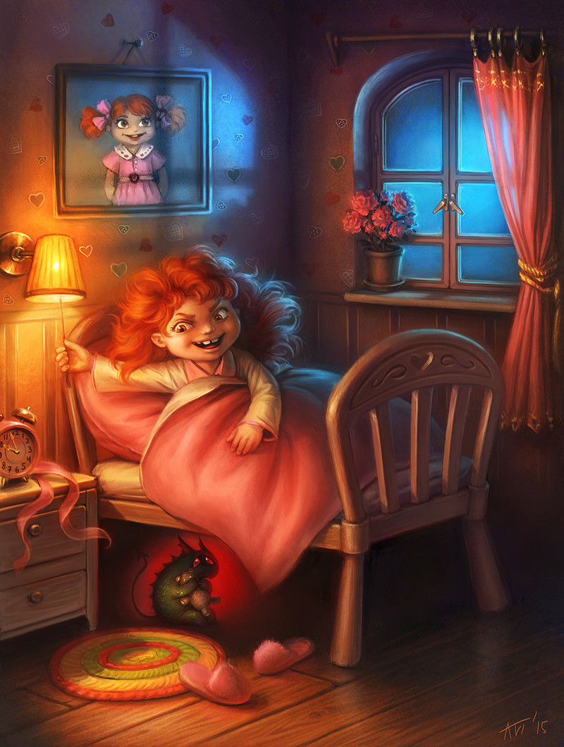 800x1059, 274 Kb / кровать, монстр, девочка, будильник, спокойной, ночи, veronika,