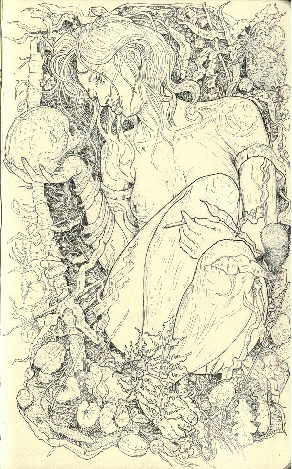 1000x1609, 637 Kb / череп, сигарета, рисунок, голая