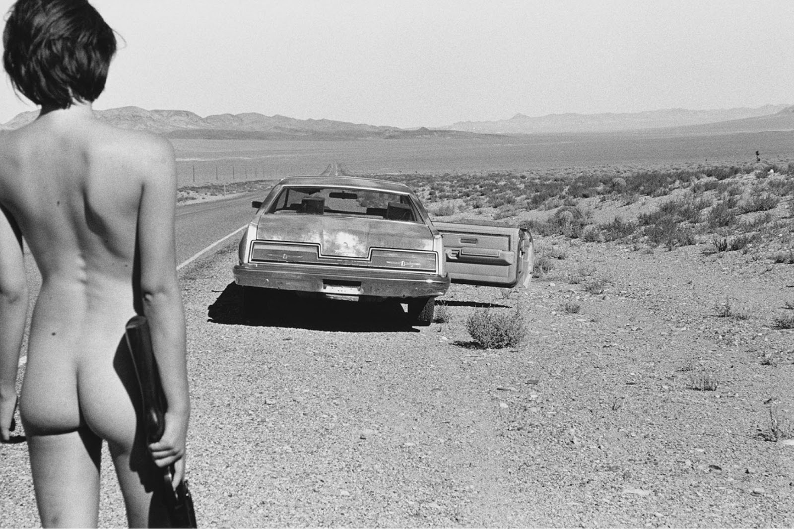 1600x1068, 383 Kb / ружьё, голая, автостоп, ч/б