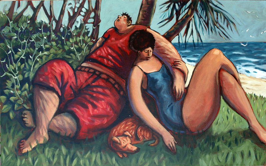 886x553, 561 Kb / картина, мужчина, женщина, собака, море, чайки, пляж, трава