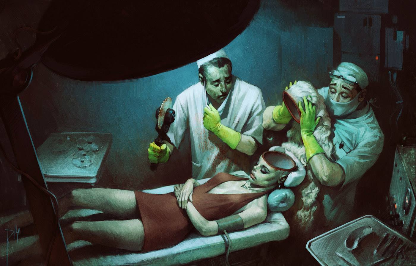 1400x894, 136 Kb / операционная, череп, пусто, бабочка, мотылёк, trash-fight, пила, волосы, платье, печатки, хирург, патологоанатом, Вальдемар Казак