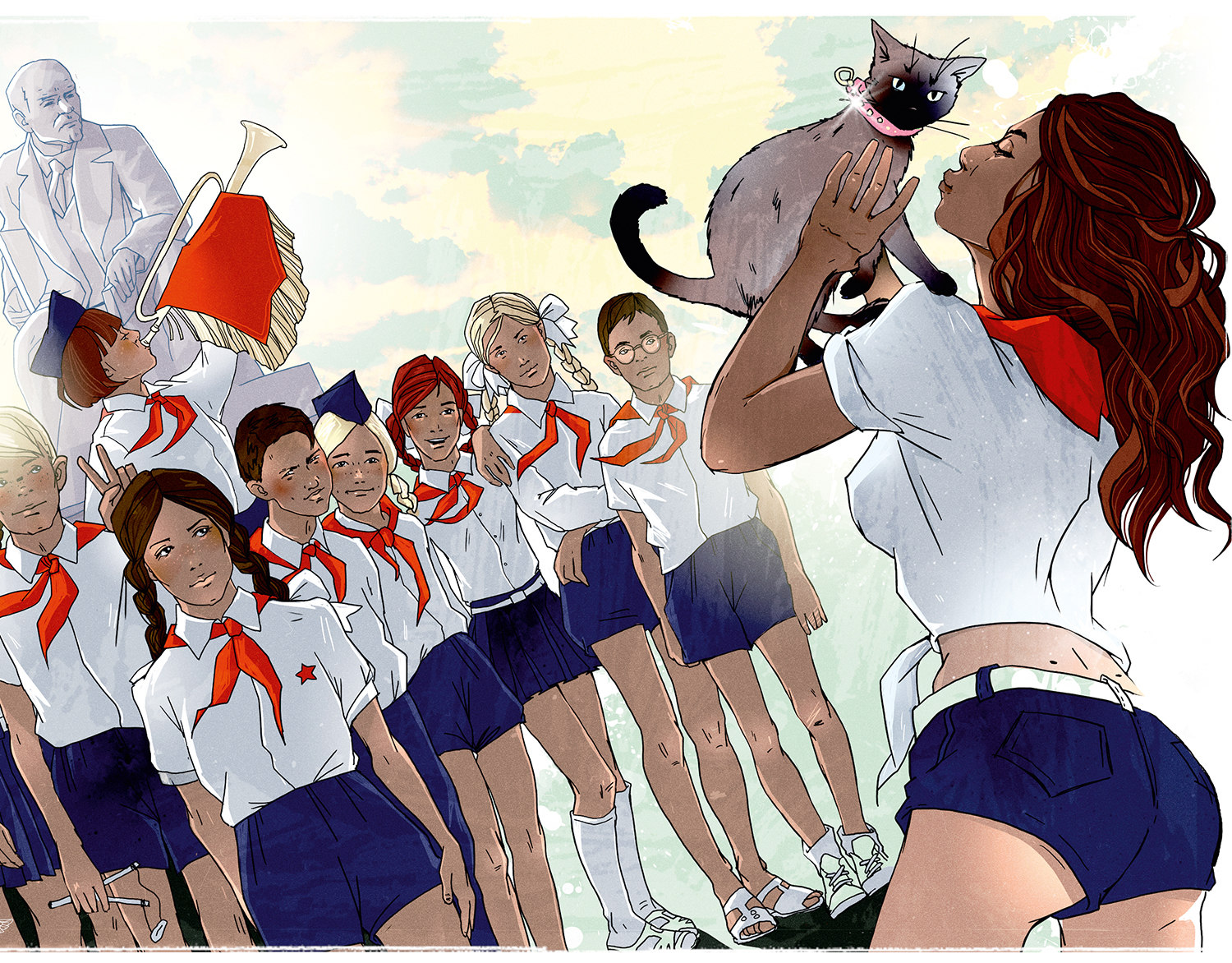 1500x1172, 612 Kb / пионеры, ленин, горн, кошка, сиамская, шорты