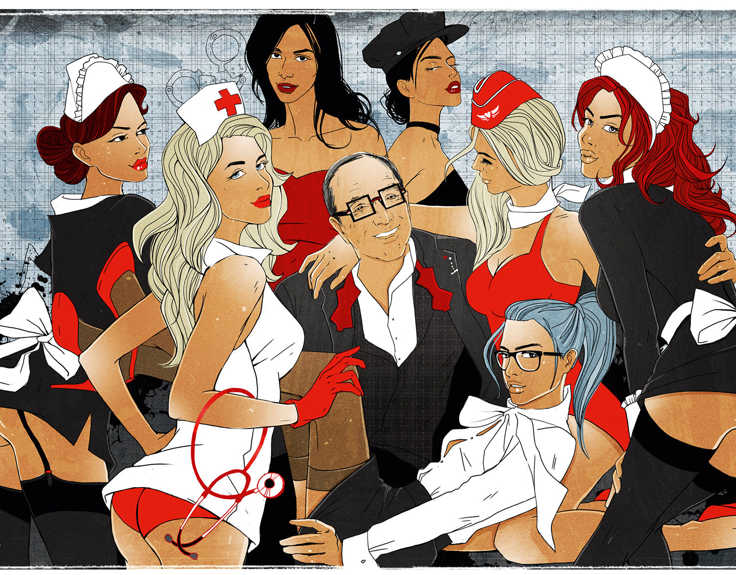 1500x1172, 633 Kb / адвокат, очки, униформа, чулки, медсестра, стюардесса, официантка, секретарша