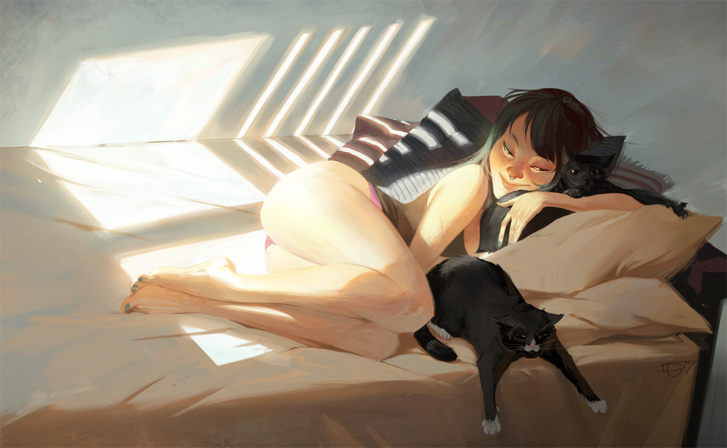 1024x631, 121 Kb / тень, свет, коты, постель