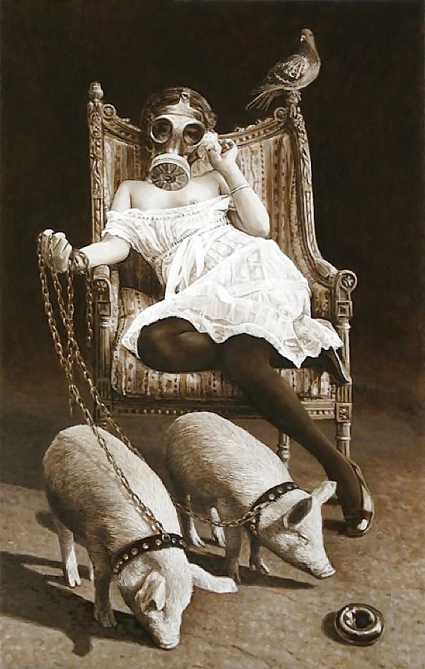 600x943, 96 Kb / девка, свиньи, голубь, противогаз, пончик, цепи, кресло, ч/б