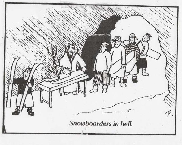 604x481, 84 Kb / сноубордисты, ад, лыжи, дьявол, ч/б