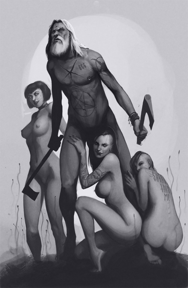 655x1000, 341 Kb / девушки, топоры, сатана, голые, череп, Михаил Глухов, glooh