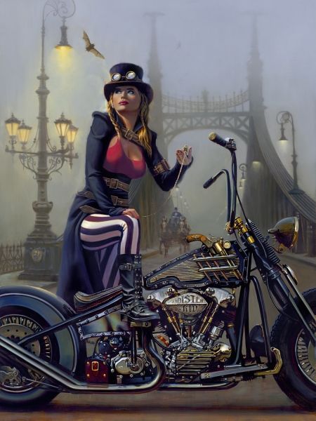 450x600, 49 Kb / мостовая, фонари, кони, стимпанк, мотоцикл