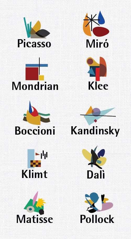 500x909, 81 Kb / пикассо, мондриан, поллок, матисс, климдт, дали, кандинский, миро, художники
