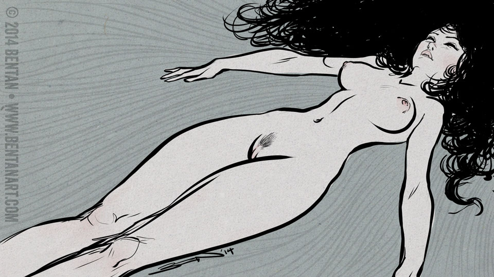 960x540, 115 Kb / брюнетка, голая, рисунок, кудри