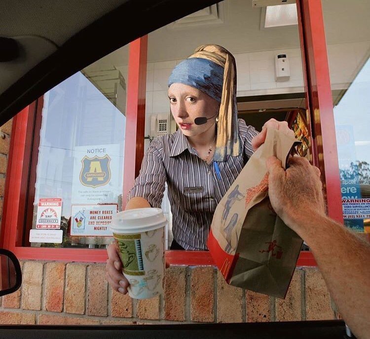 750x686, 104 Kb / макдак, стакан, касса, пакет, Вермеер, Девушка с жемчужной серёжкой