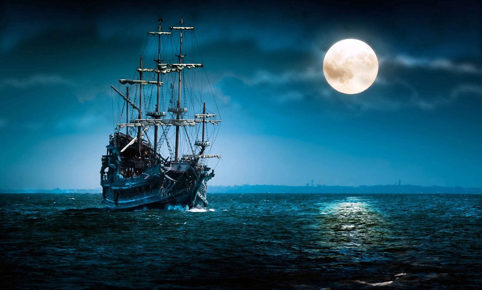 1600x965, 223 Kb / корабль, луна, полнолуние, вода, небо
