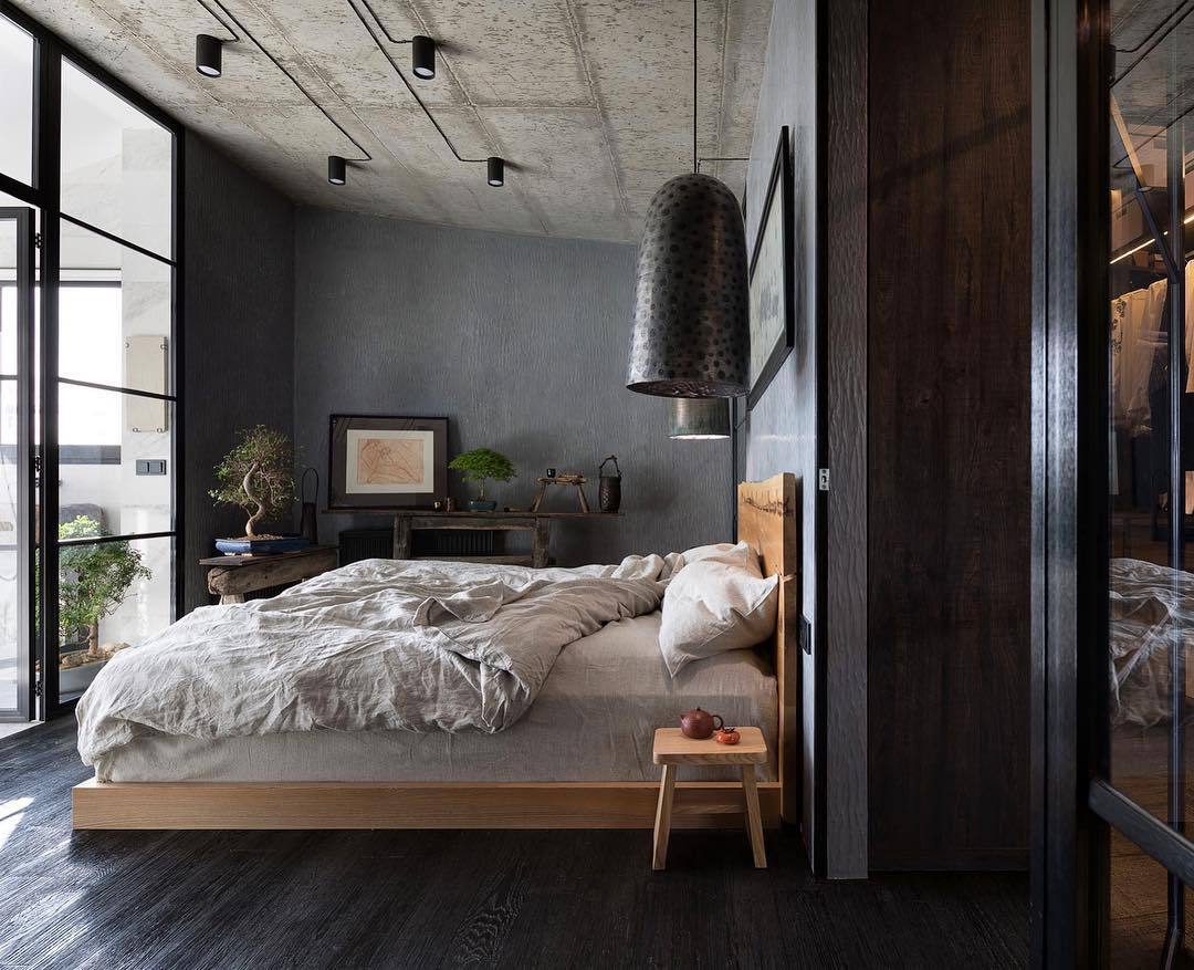 1080x877, 131 Kb / интерьер, постель, бетон, лампы