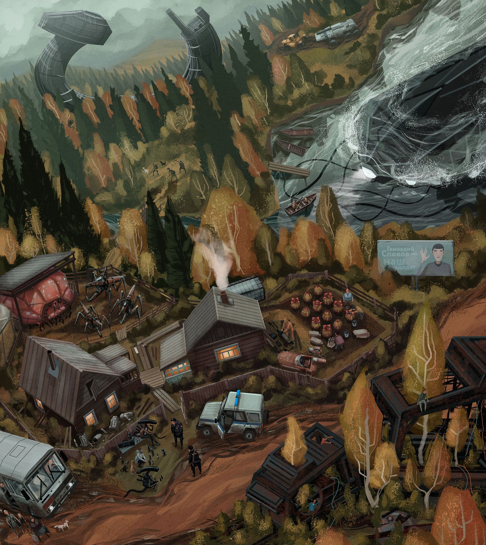 1600x1795, 603 Kb / деревня, село, чужие, хищники, лицехваты, Спок, милиция, звёздные рейнджеры, ПАЗ, R2D2, УАЗ, AT-AT, Чуи, ховербайк, Сергей Орехов