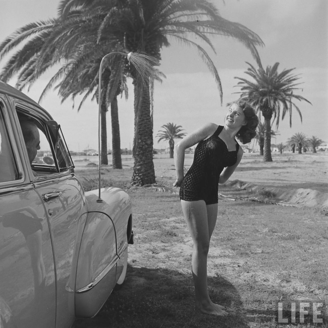 1280x1280, 172 Kb / душ, пальмы, девушка, Кадиллак