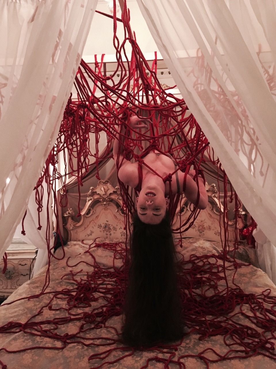 960x1280, 356 Kb / женщина, кровать, балдахин, веревки, запуталась