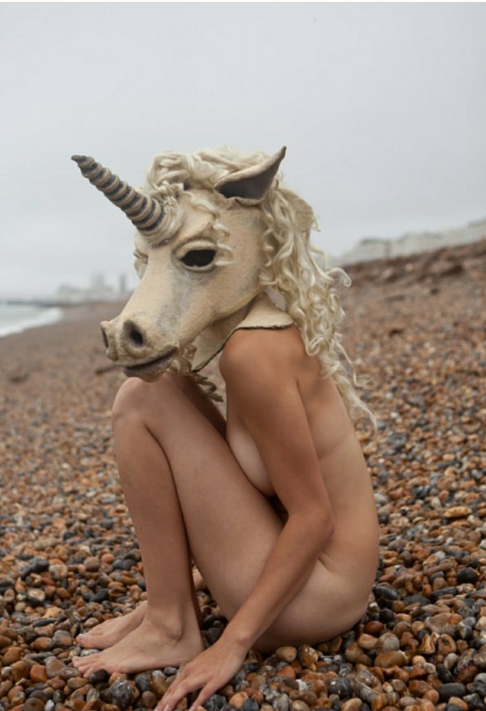 984x1440, 158 Kb / пляж, единорог, сидит, голова, маска, галька