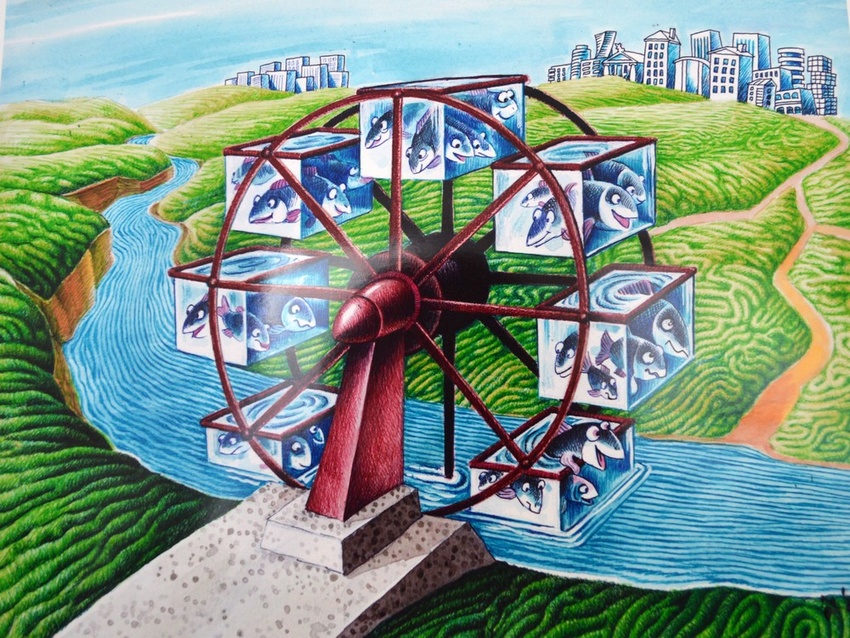 850x638, 274 Kb / рыба, смотрят, колесо, река, город, Дружинин