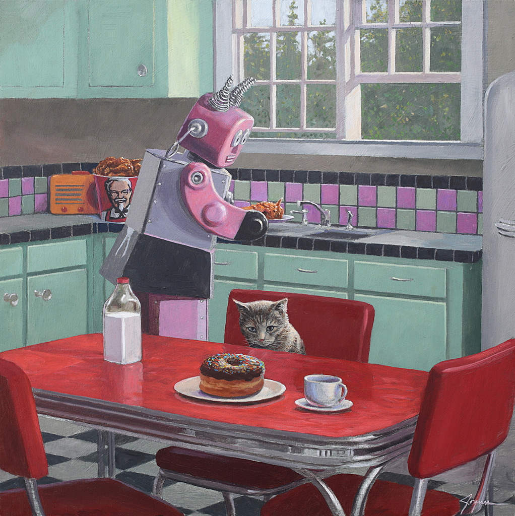 1022x1024, 424 Kb / кухня, стол, пончик, кот, баборобот, рисунок