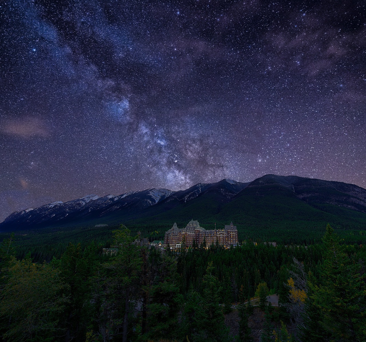 1280x1198, 632 Kb / ночь, небо, звезды, лес, дорога, горы