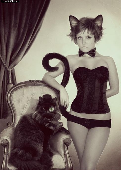 490x686, 54 Kb / девка, кот, хвост, ушки, монокль, ч/б