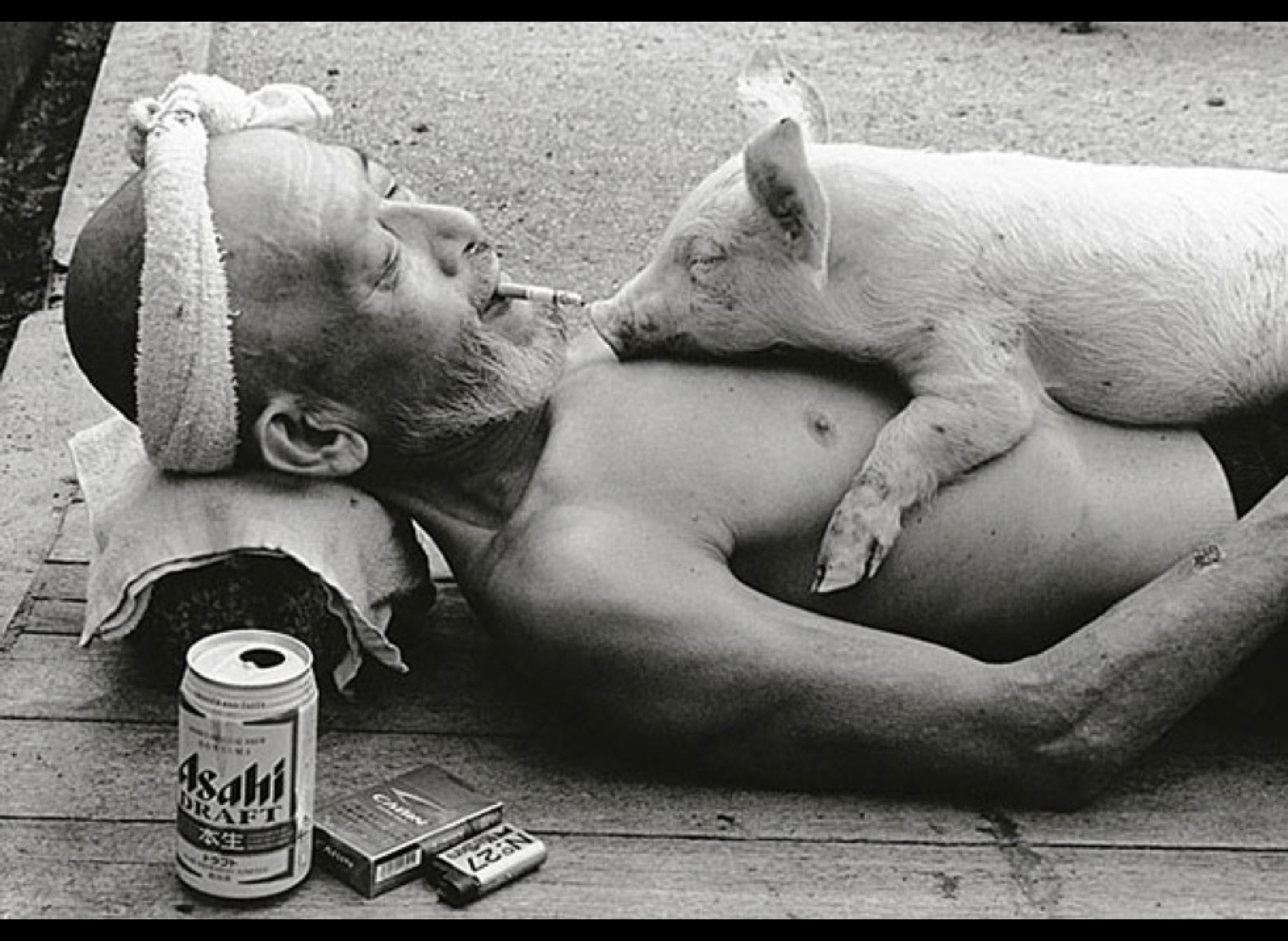 1960x1432, 570 Kb / дед, сигарета, бухлишко, свинья, поросёнок, ч/б
