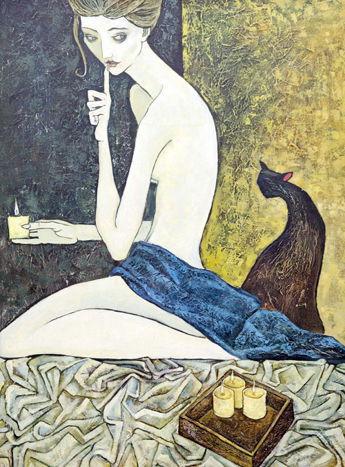 500x678, 202 Kb / рисунок, девка, кошка, свечи, тсс!