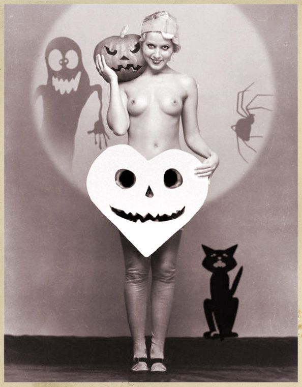 594x761, 52 Kb / девка, тыква, хэллоуин, паук, кошка, тень