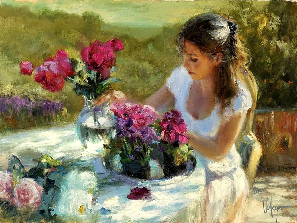 1024x768, 199 Kb / картина, девушка, цветы, платье, белое