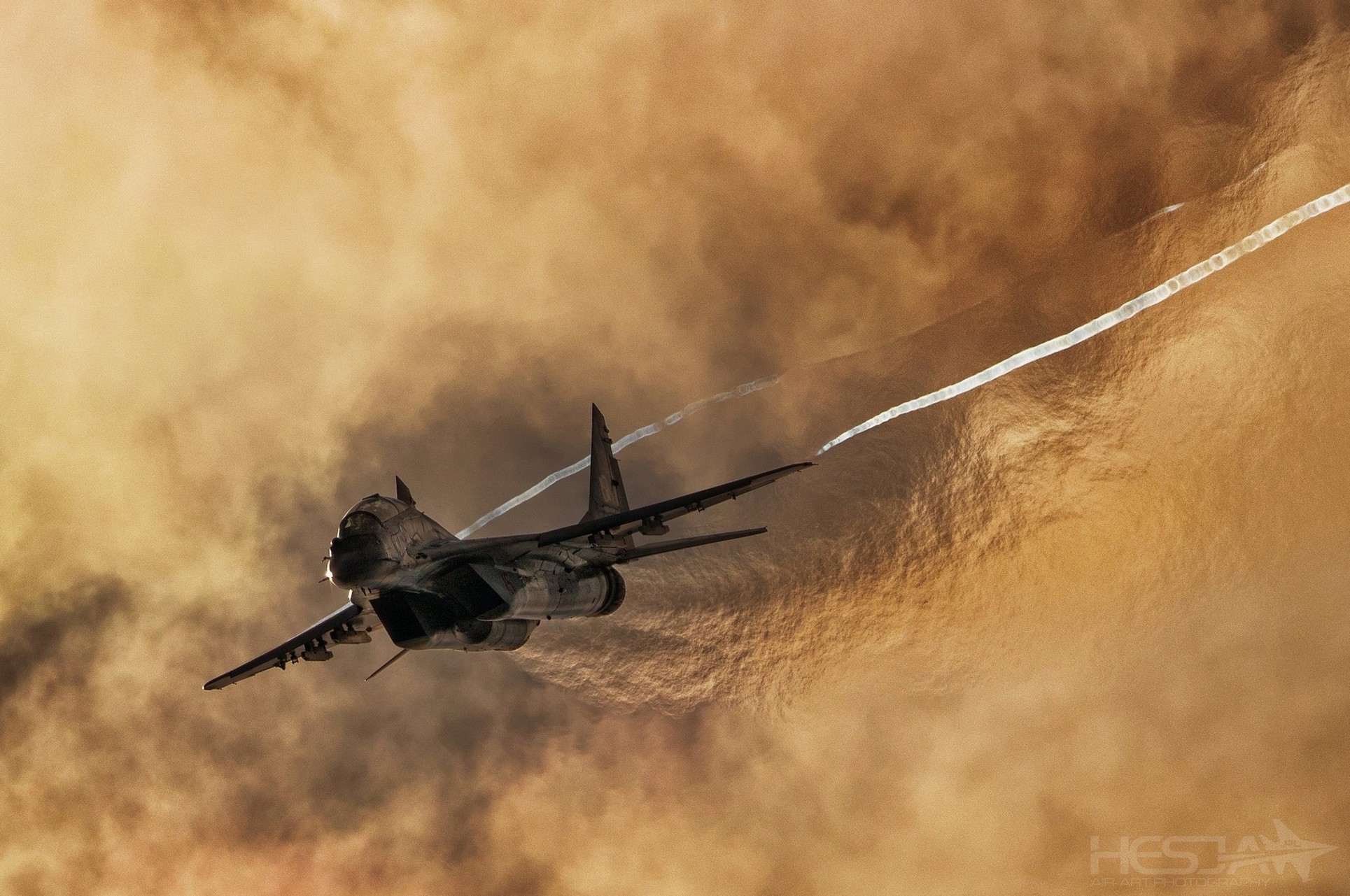 1929x1281, 597 Kb / самолет, истребитель, МИГ, след, инверсионный, закат, небо