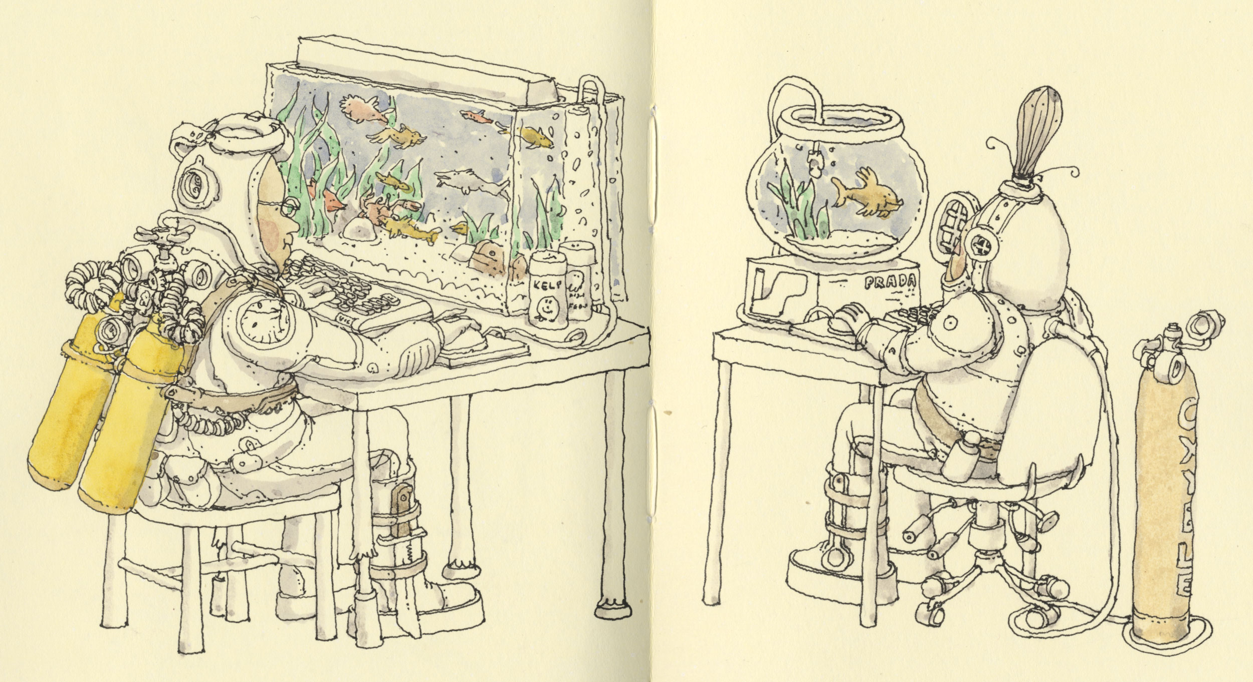 2500x1362, 628 Kb / компьютер, десктоп, аквариум, рыбы, скафандр, mattiasa